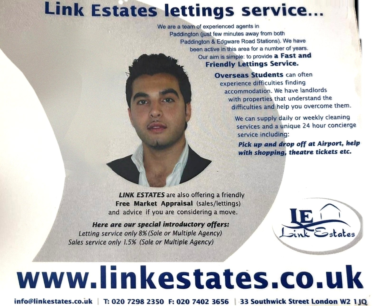 Link Estates mouse mat, 2007 — lettings service advert for overseas students in Paddington, 33 Southwick Street London W2